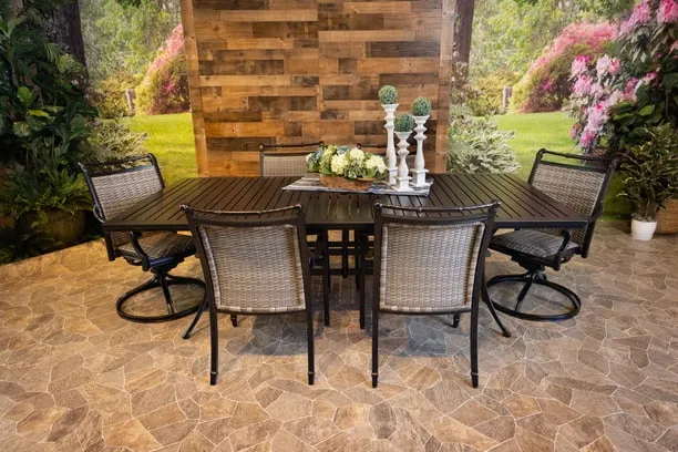 BIMINI 7 PIECE DINING SET - 46" x 93" Stone Harbor Dining Table, 4 Chairs and 2 Swivel Chairs