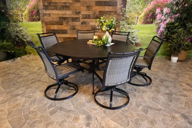 BIMINI 7 PIECE DINING SET - 66" Round Stone Harbor Dining Table and 6 Swivel Chairs