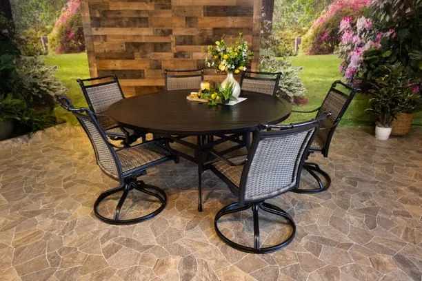 BIMINI 7 PIECE DINING SET - 66" Round Stone Harbor Dining Table and 6 Swivel Chairs