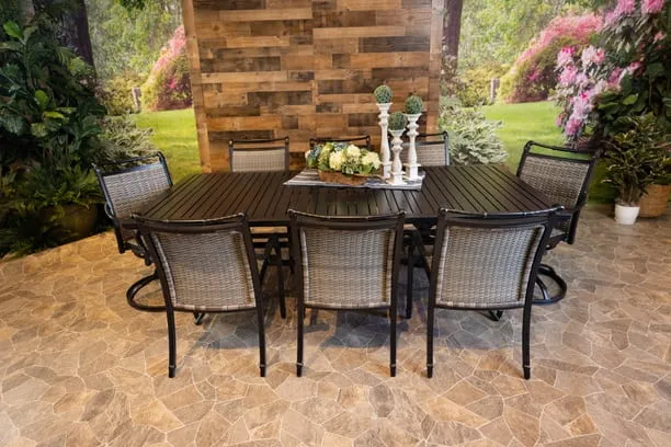 BIMINI 9 PIECE DINING SET - 46" x 93" Stone Harbor Dining Table, 6 Chairs and 2 Swivel Chairs