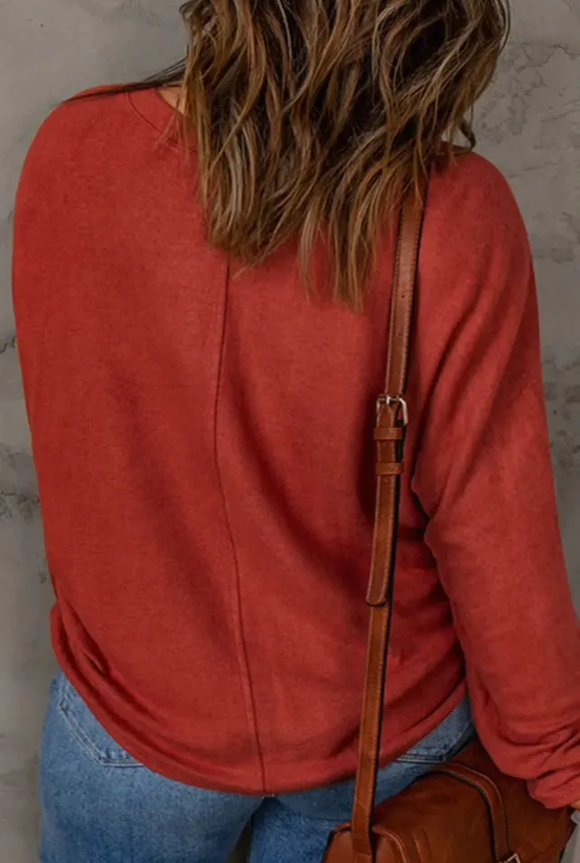 Blouse - Casual Basic Solid Long Sleeve Top, Red, Also Plus Size