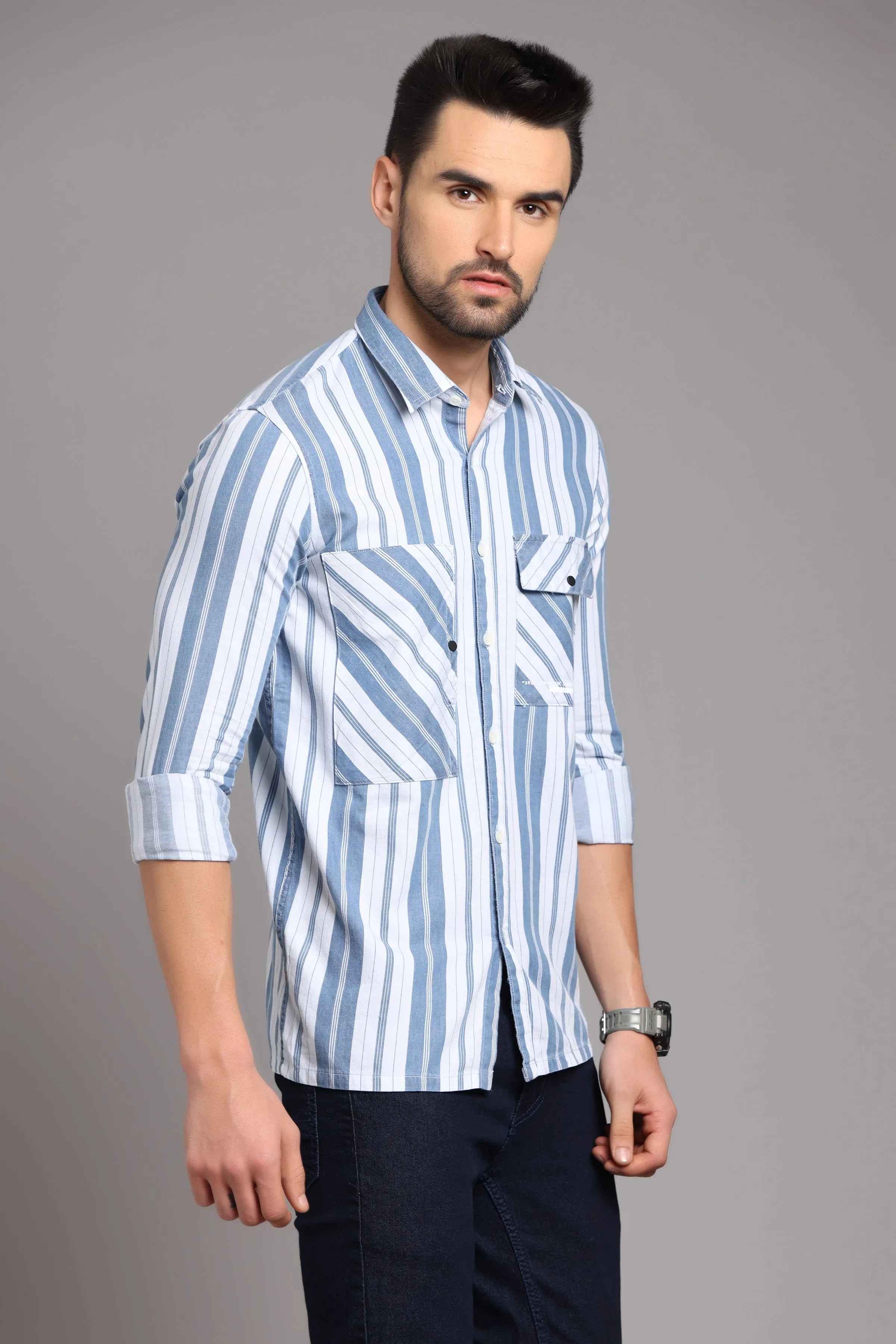 Blue and White Striped Full Sleeve Shirt