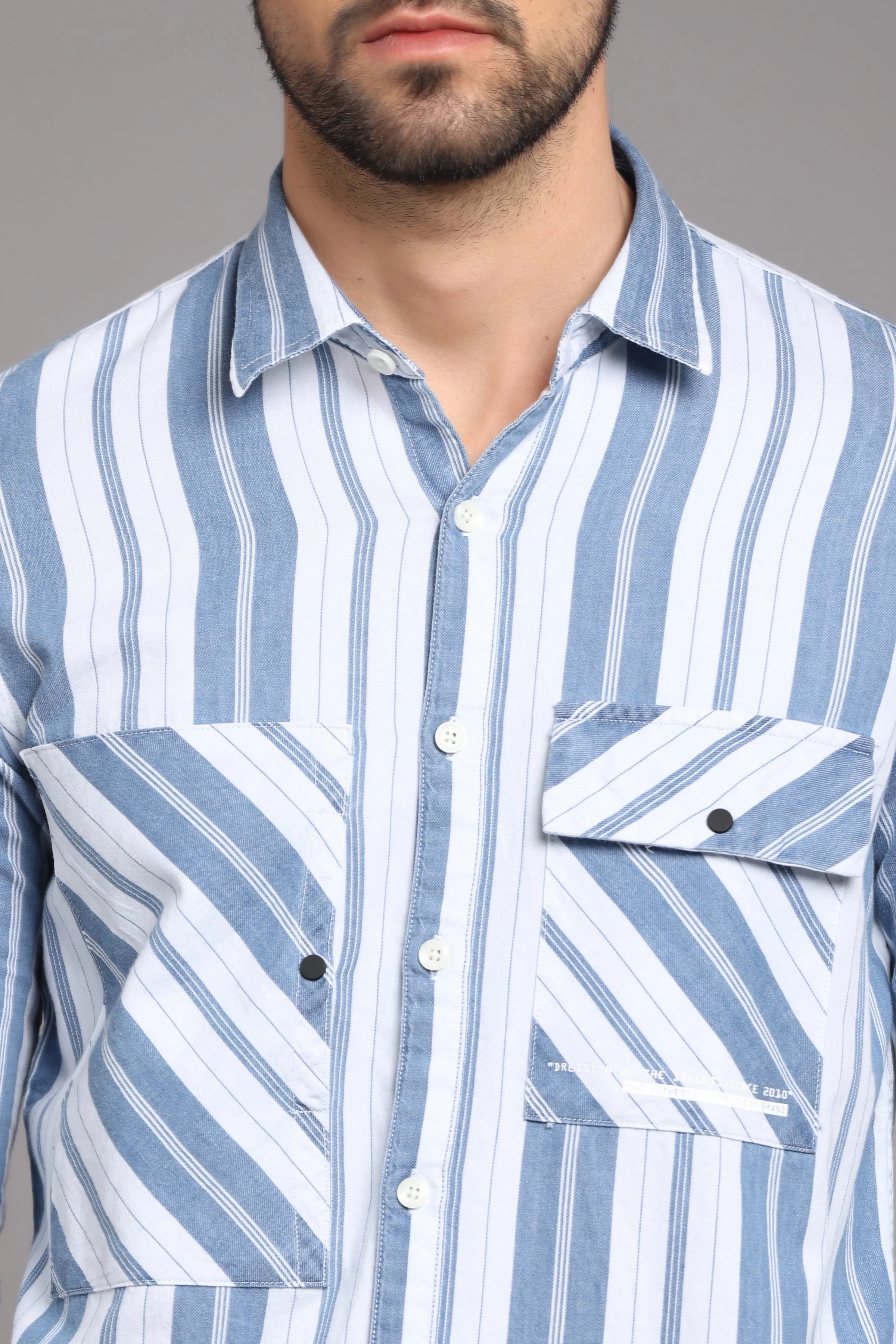 Blue and White Striped Full Sleeve Shirt