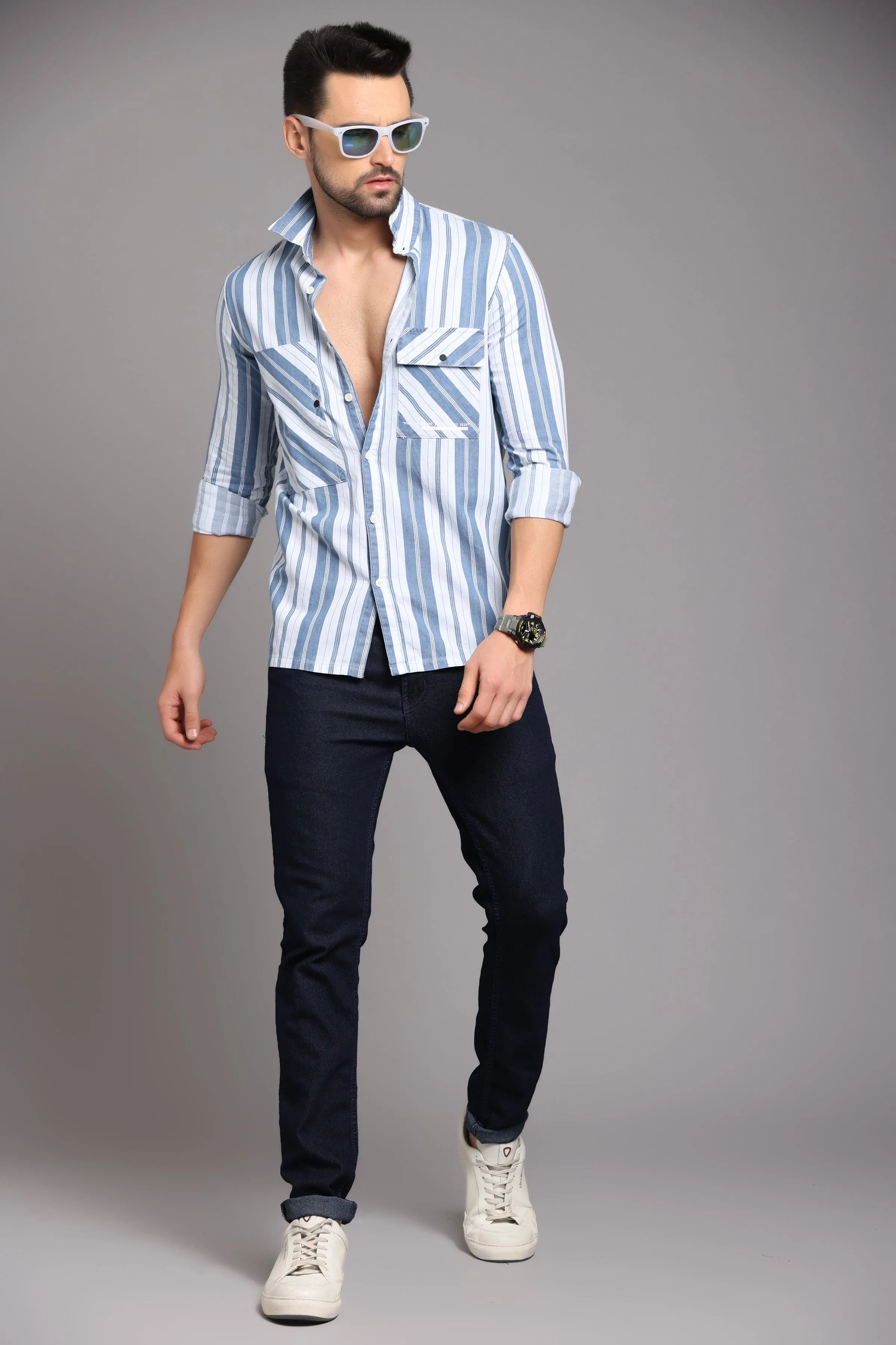 Blue and White Striped Full Sleeve Shirt