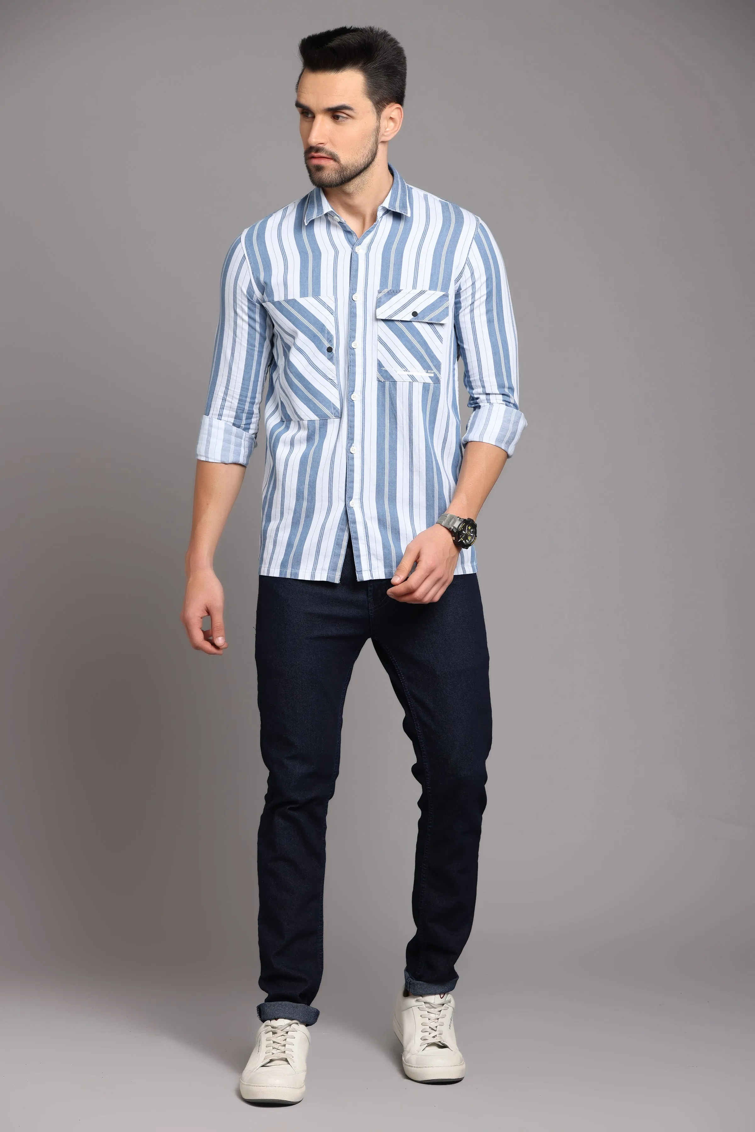 Blue and White Striped Full Sleeve Shirt