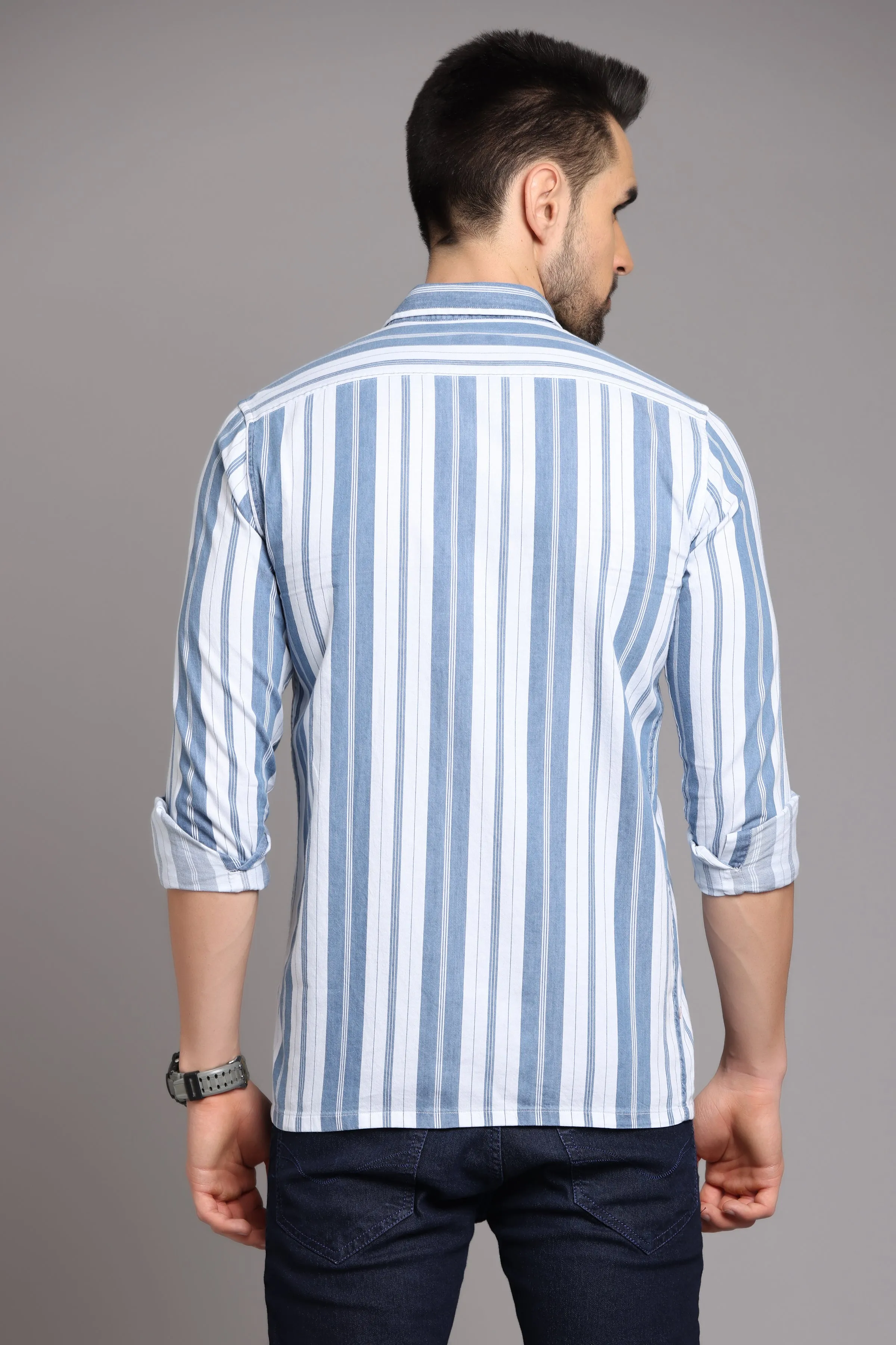 Blue and White Striped Full Sleeve Shirt