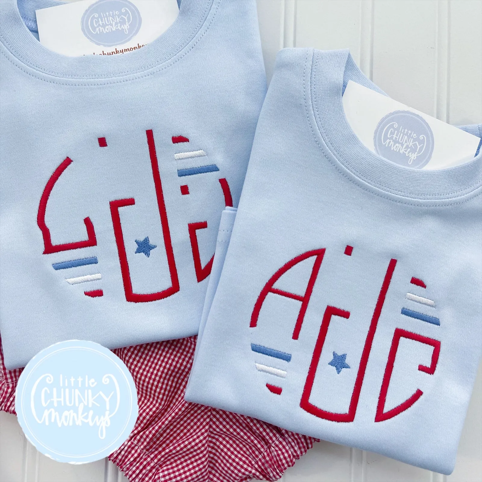 Boy Shirt - Stitched Circle Monogram with Patriotic Stars on Light Blue