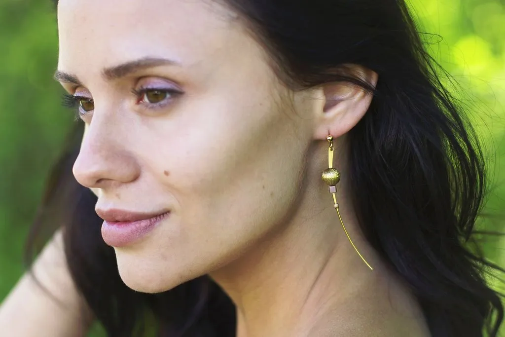 Brass Earring - Long Slender - Large Golden Bead and Earth Tones