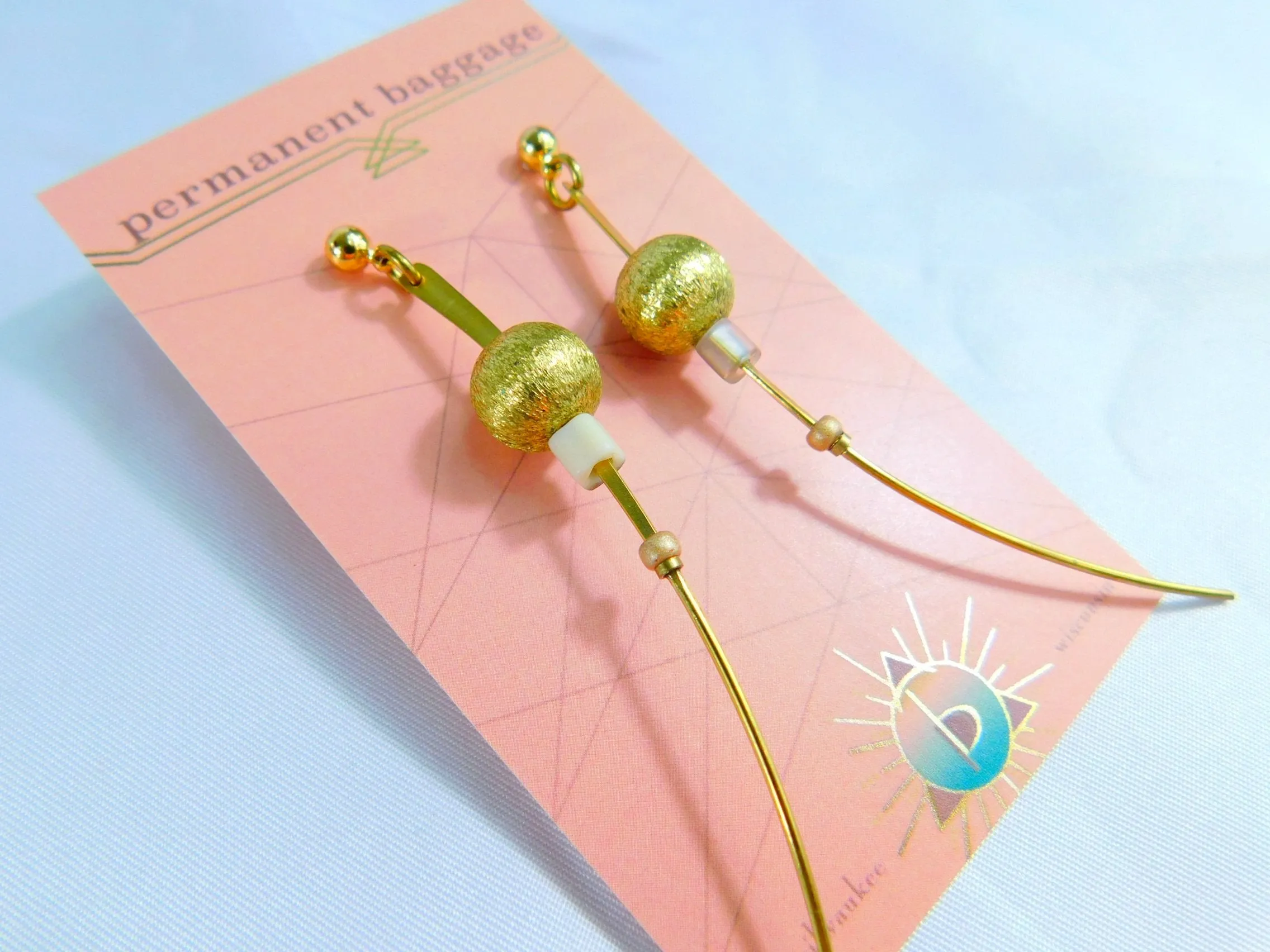 Brass Earring - Long Slender - Large Golden Bead and Earth Tones