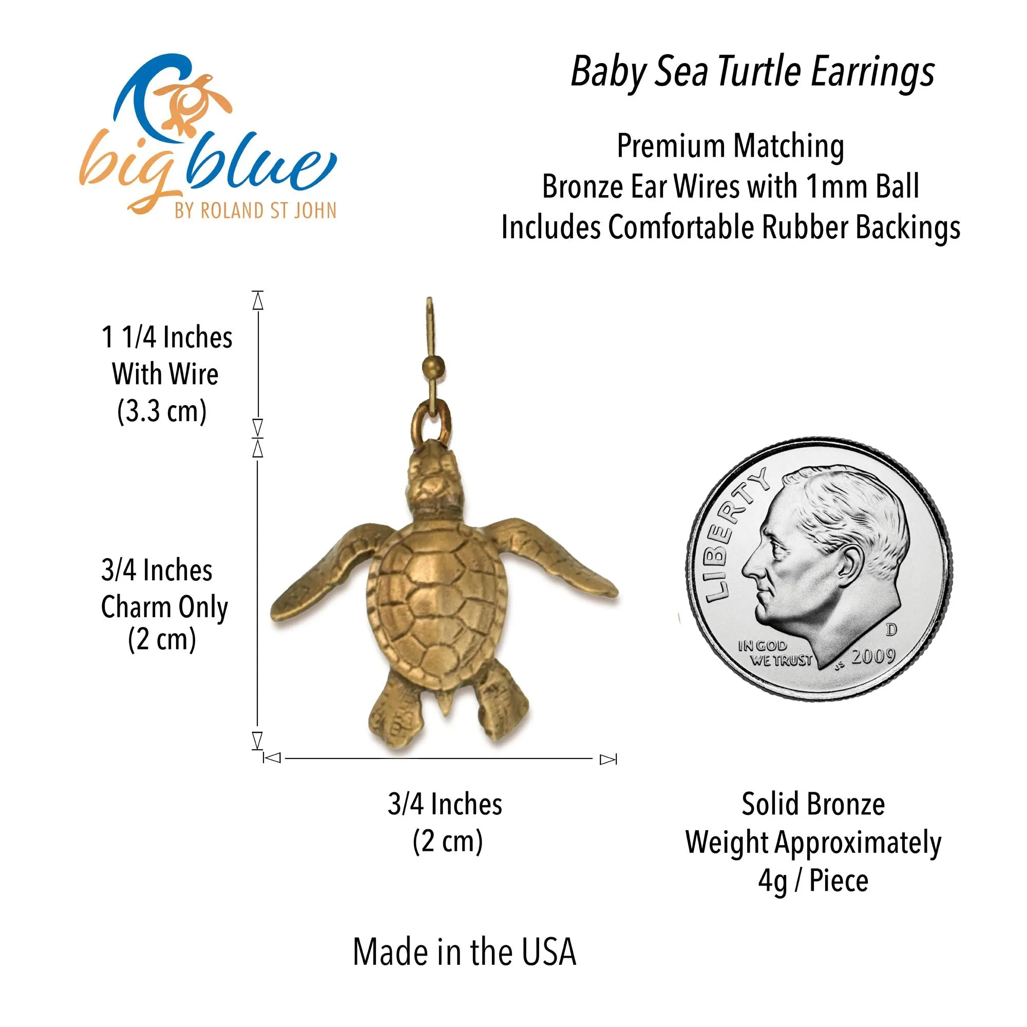 Bronze Baby Sea Turtle Drop Earrings Hatchling Dangle Drop Earrings- Turtle Jewelry, Gifts for Turtle Lovers, Boho Jewelry