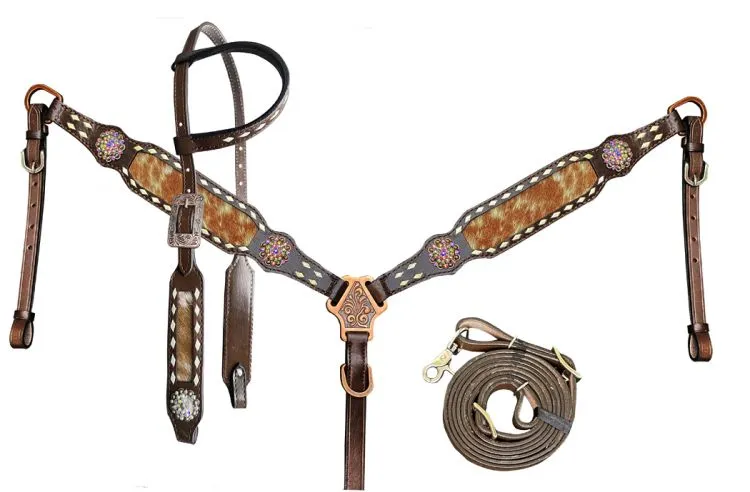 Brown & White Cowhide Headstall Set