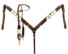 Brown & White Cowhide One Ear Headstall Set