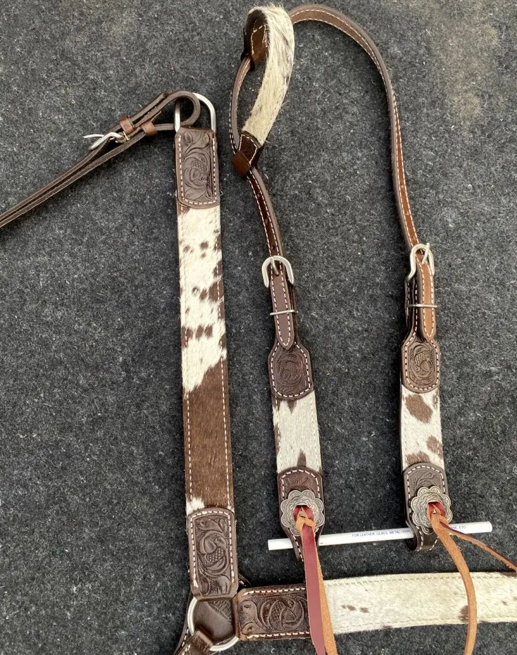 Brown & White Cowhide One Ear Headstall Set