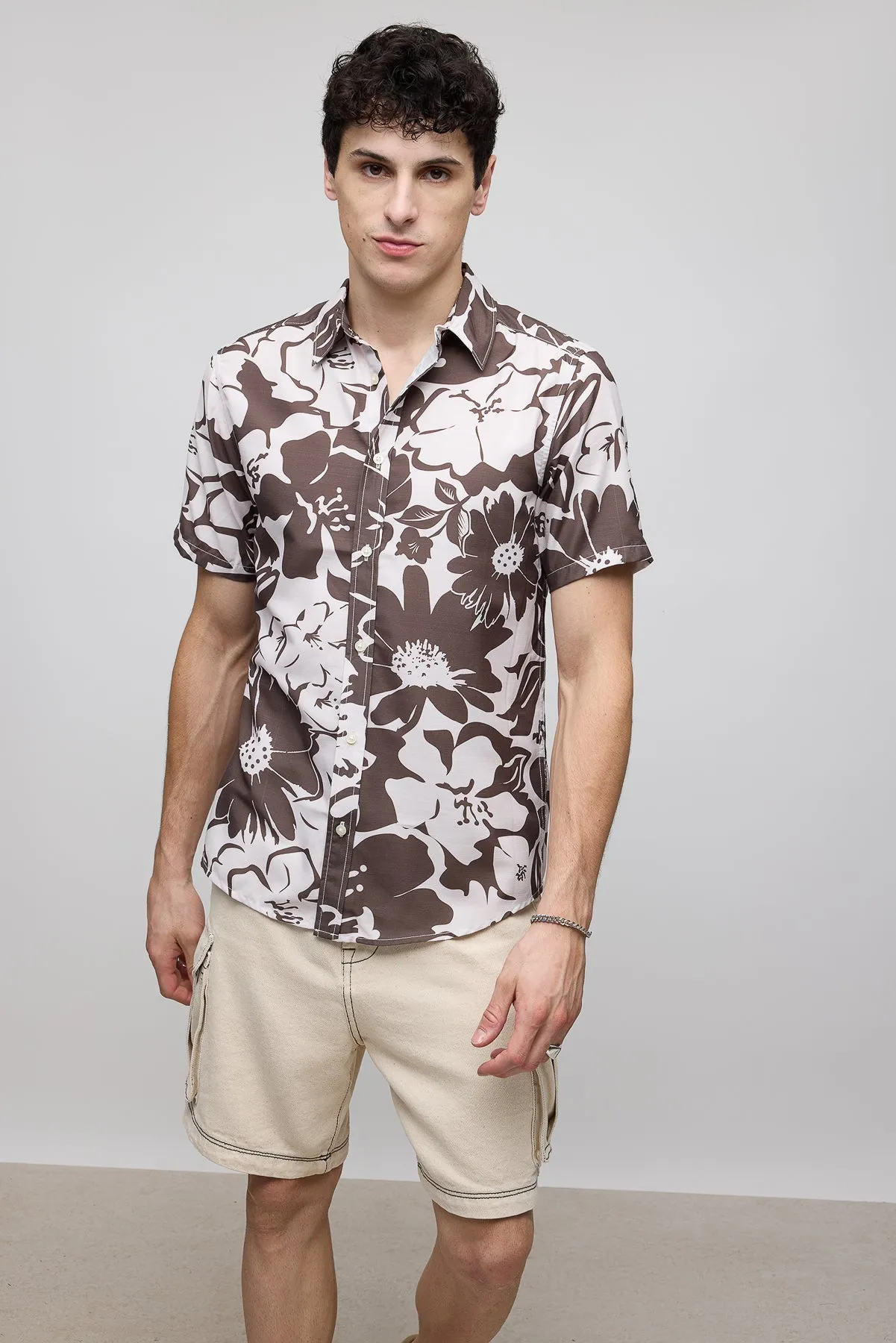 Brown Floral Print Men's Resort Shirt