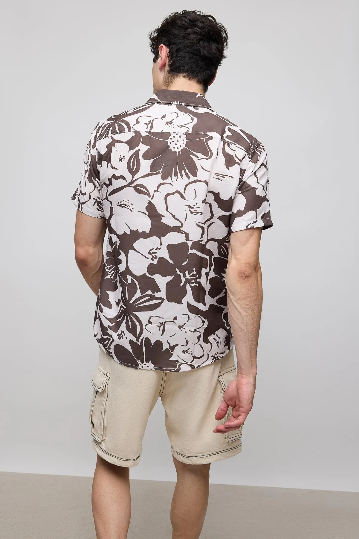 Brown Floral Print Men's Resort Shirt