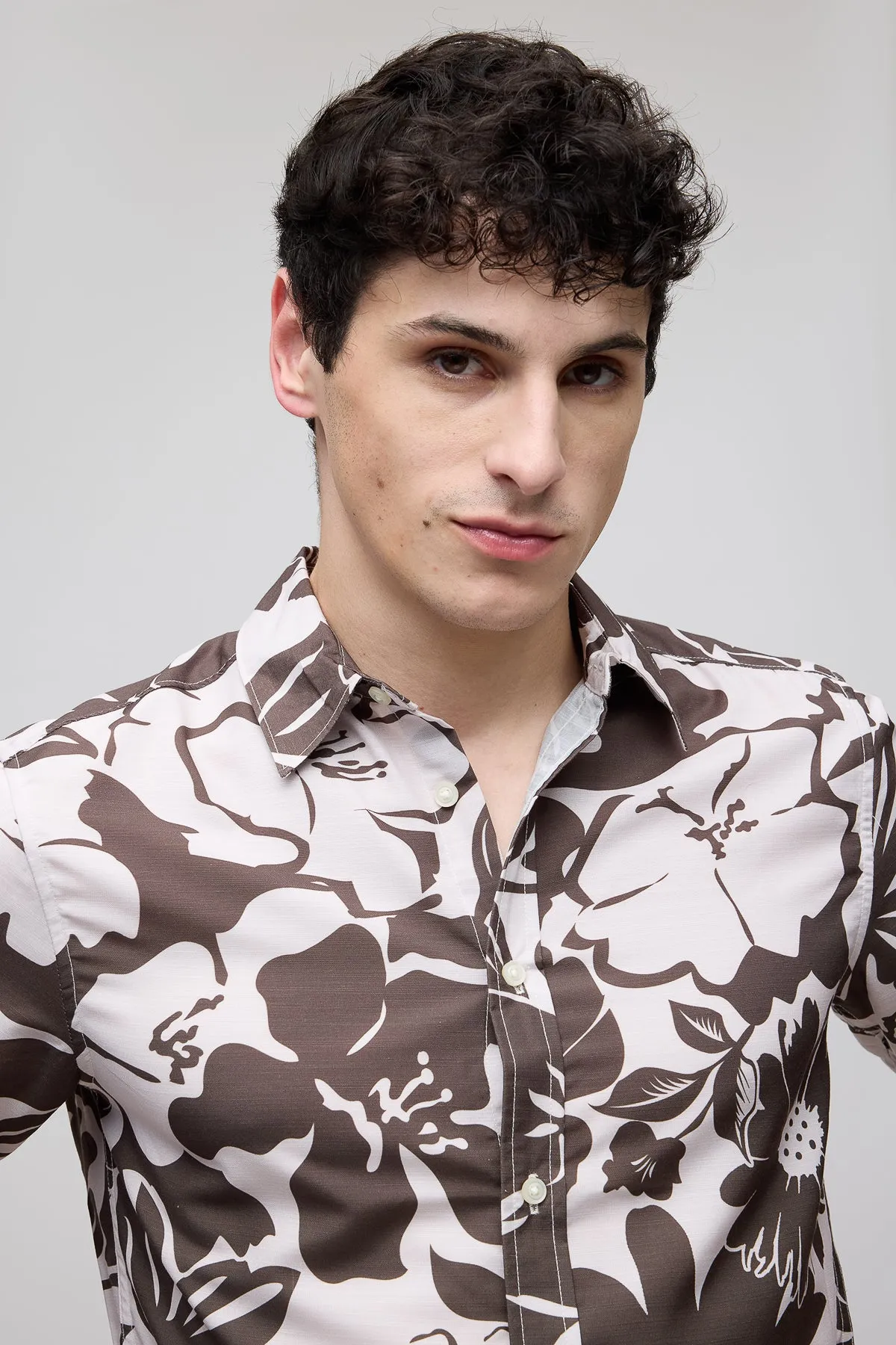 Brown Floral Print Men's Resort Shirt