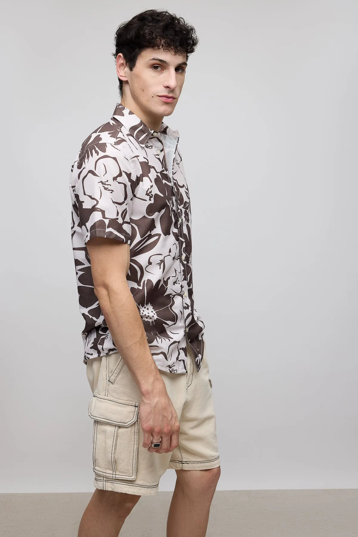 Brown Floral Print Men's Resort Shirt