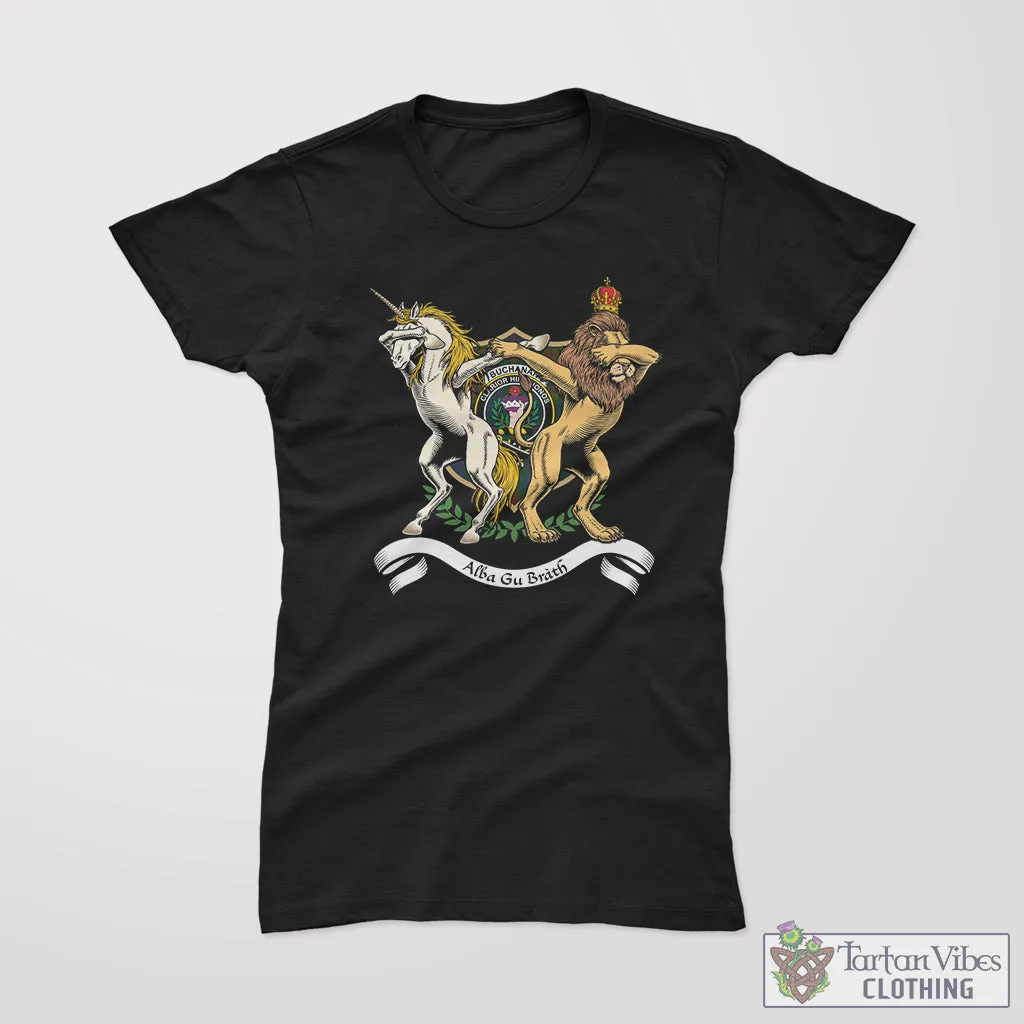 Buchanan Hunting Family Crest Cotton Women's T-Shirt with Scotland Royal Coat Of Arm Funny Style