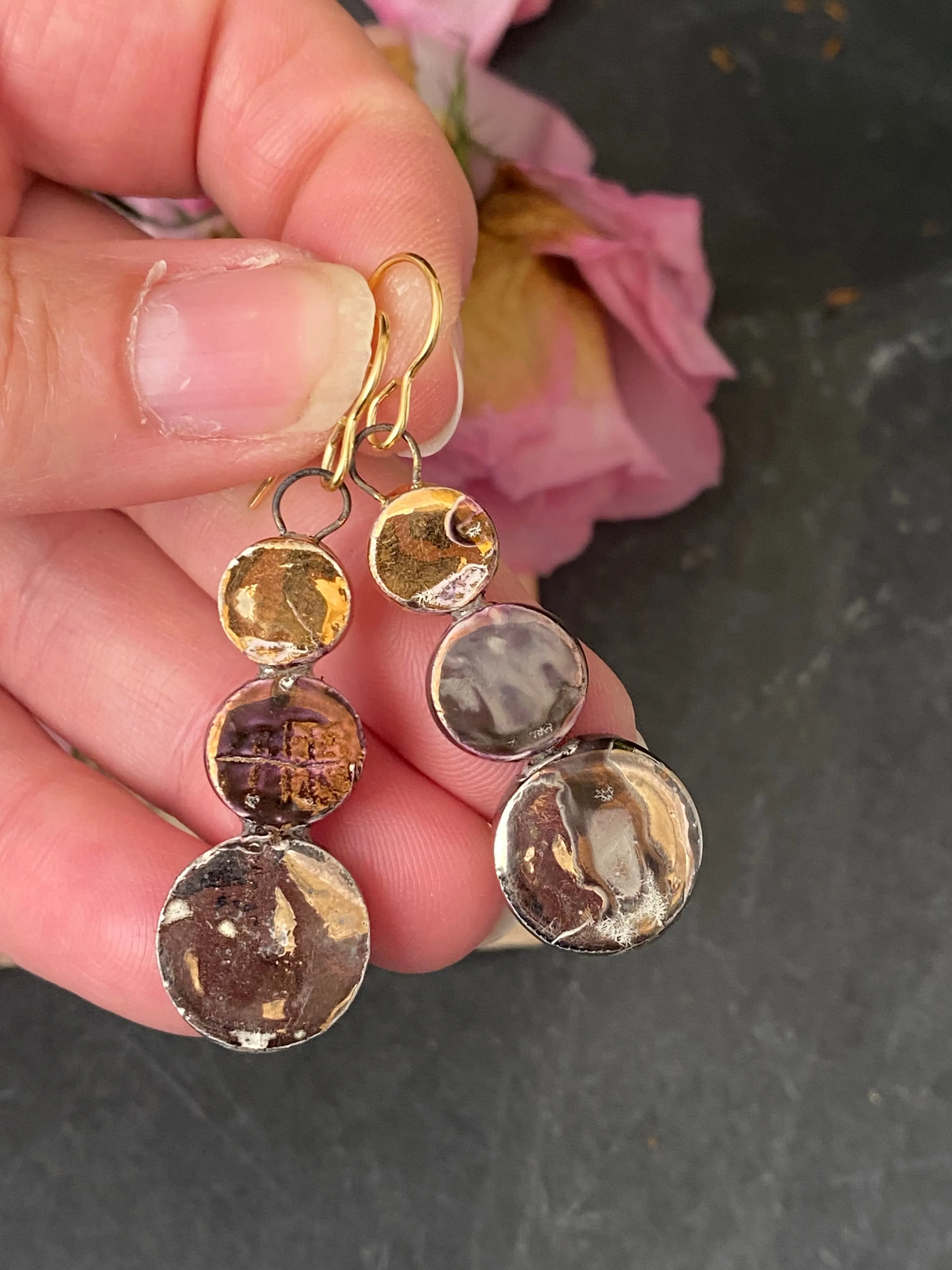 Ceramic charms, gold metal, earrings.