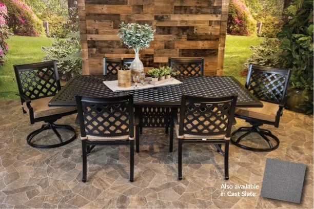 CHATEAU 7 PIECE DINING SET - 46" x 86" Weave Dining Table, 4 Chairs and 2 Swivel Chairs