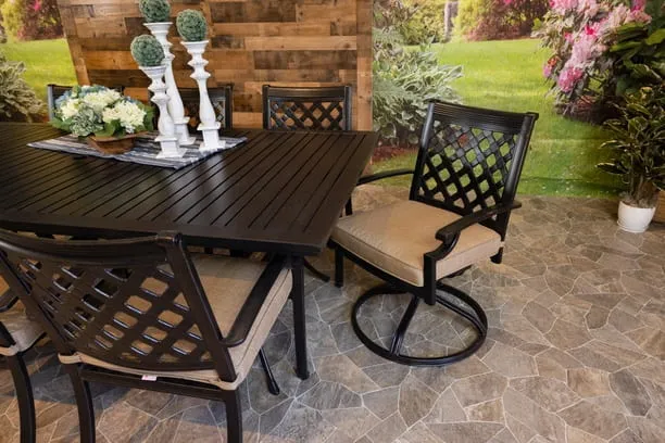 CHATEAU 9 PIECE DINING SET - 46" x 93" Stone Harbor Dining Table, 6 Chairs and 2 Swivel Chairs