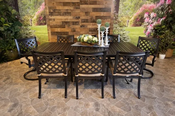 CHATEAU 9 PIECE DINING SET - 46" x 93" Stone Harbor Dining Table, 6 Chairs and 2 Swivel Chairs