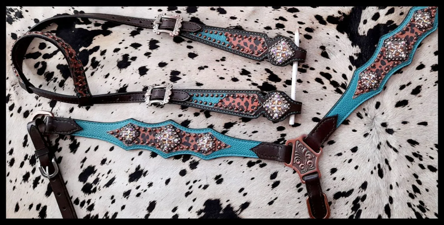 Cheetah Overlay & Teal Accent Headstall Set