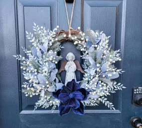 Christmas Angel Wreath, Magnolia, Lamb's Ear, Fern, Pine With Pearl Sprays, Winter Holiday Wreaths, For Front Door, Christmas Gift