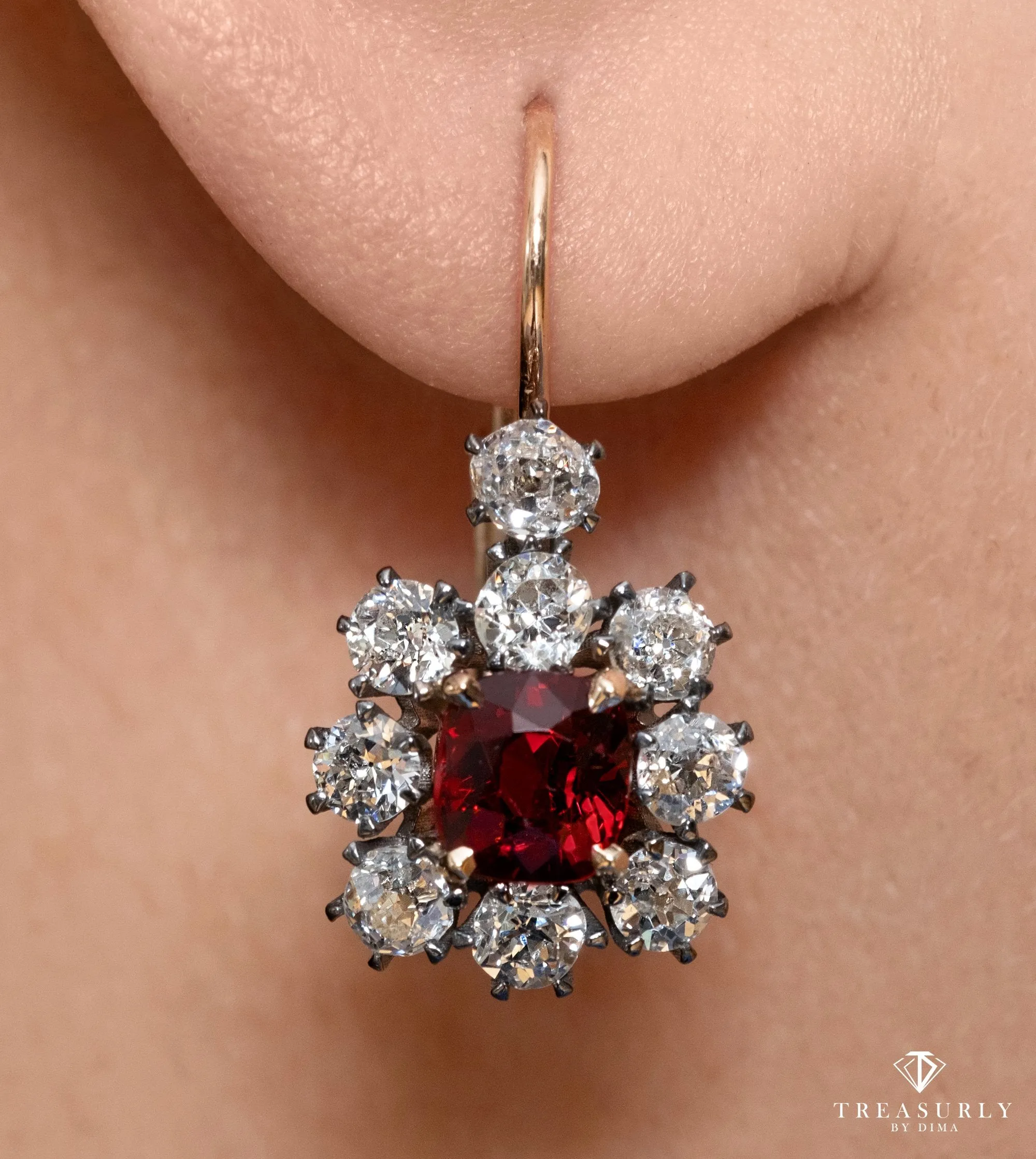 Edwardian 4.12ct Vivid Red Burma Spinel Diamond Cluster Hanging Drop Earrings