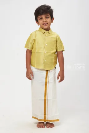 Elegant Boys Olive-Green Silk Shirt with Subtle Silver Accents: Perfect Ensemble for Celebratory Events