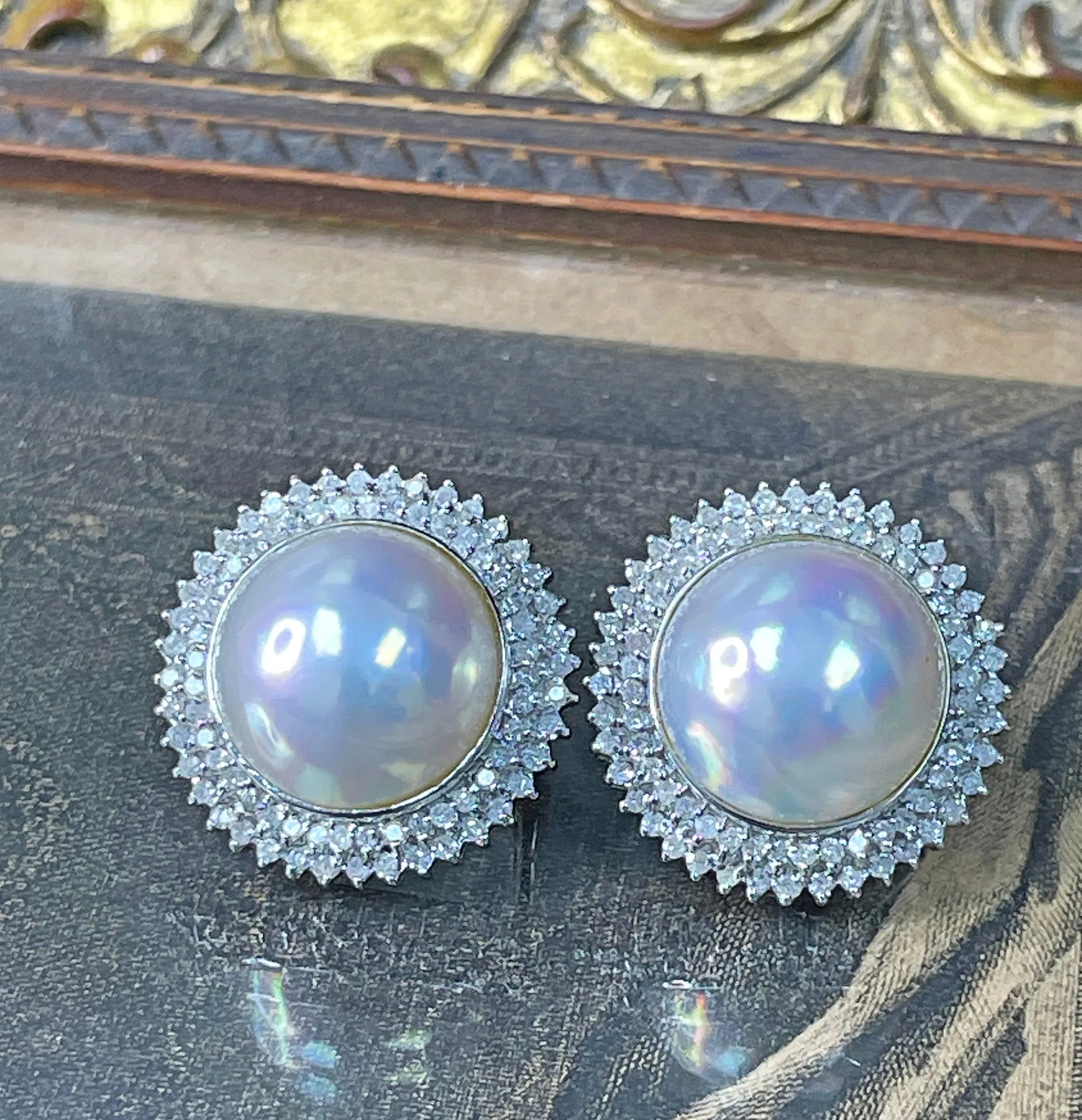 Estate Vintage 14k White Gold Mabe Pearl 2.0ct Diamond Double Halo Earrings