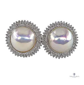 Estate Vintage 14k White Gold Mabe Pearl 2.0ct Diamond Double Halo Earrings