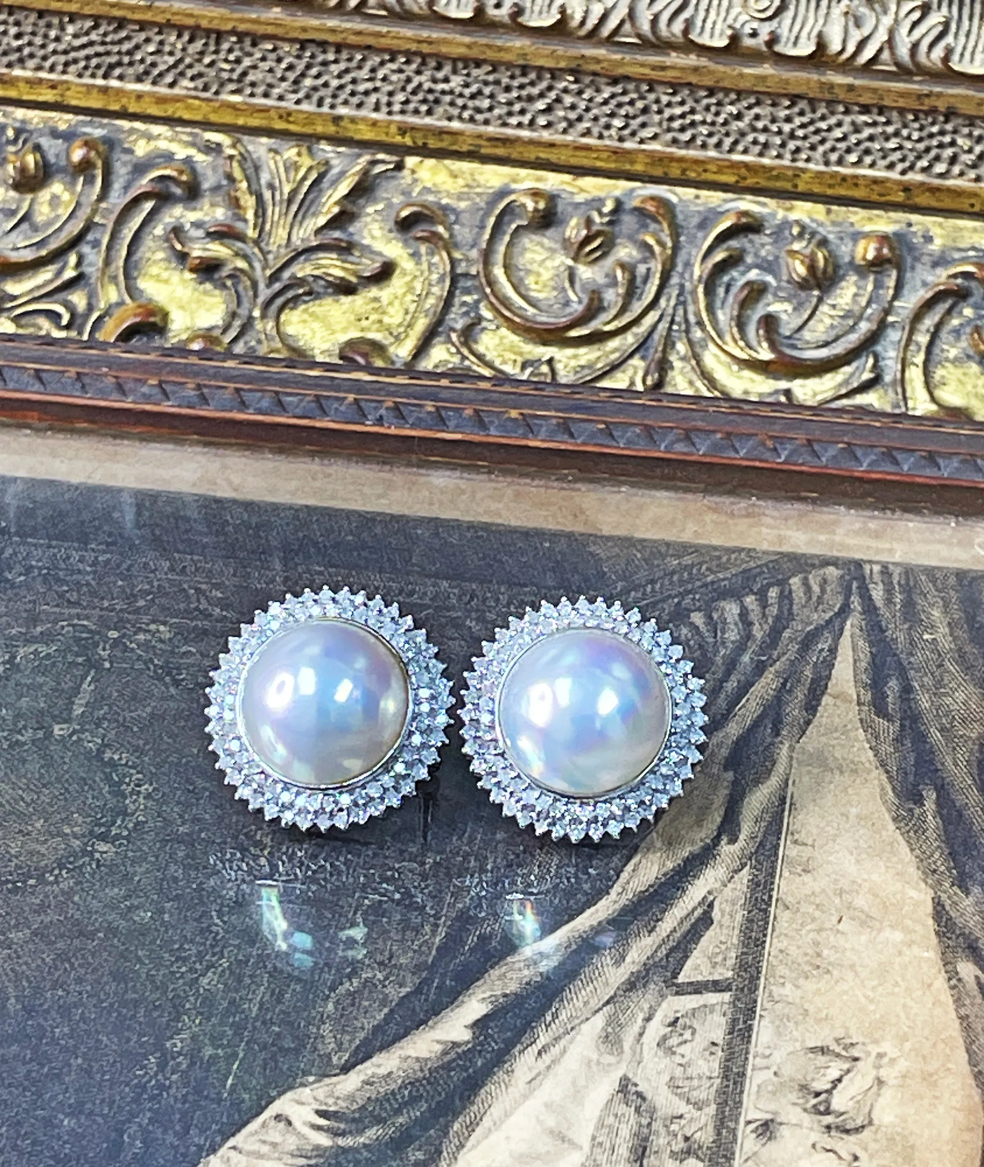 Estate Vintage 14k White Gold Mabe Pearl 2.0ct Diamond Double Halo Earrings