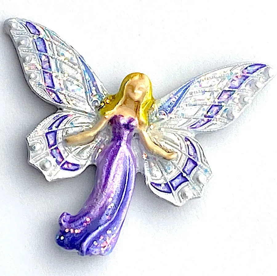 Fairy Mother in Sparkly Pearly Purple Hand Painted Shank Back Metal Button Susan Clarke USA 1-1/2"