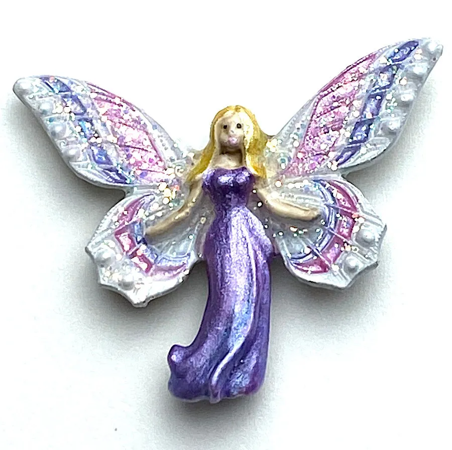 Fairy Mother in Sparkly Pearly Purple Hand Painted Shank Back Metal Button Susan Clarke USA 1-1/2"