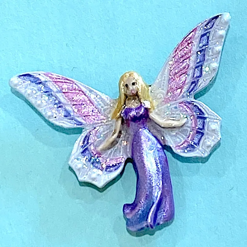 Fairy Mother in Sparkly Pearly Purple Hand Painted Shank Back Metal Button Susan Clarke USA 1-1/2"