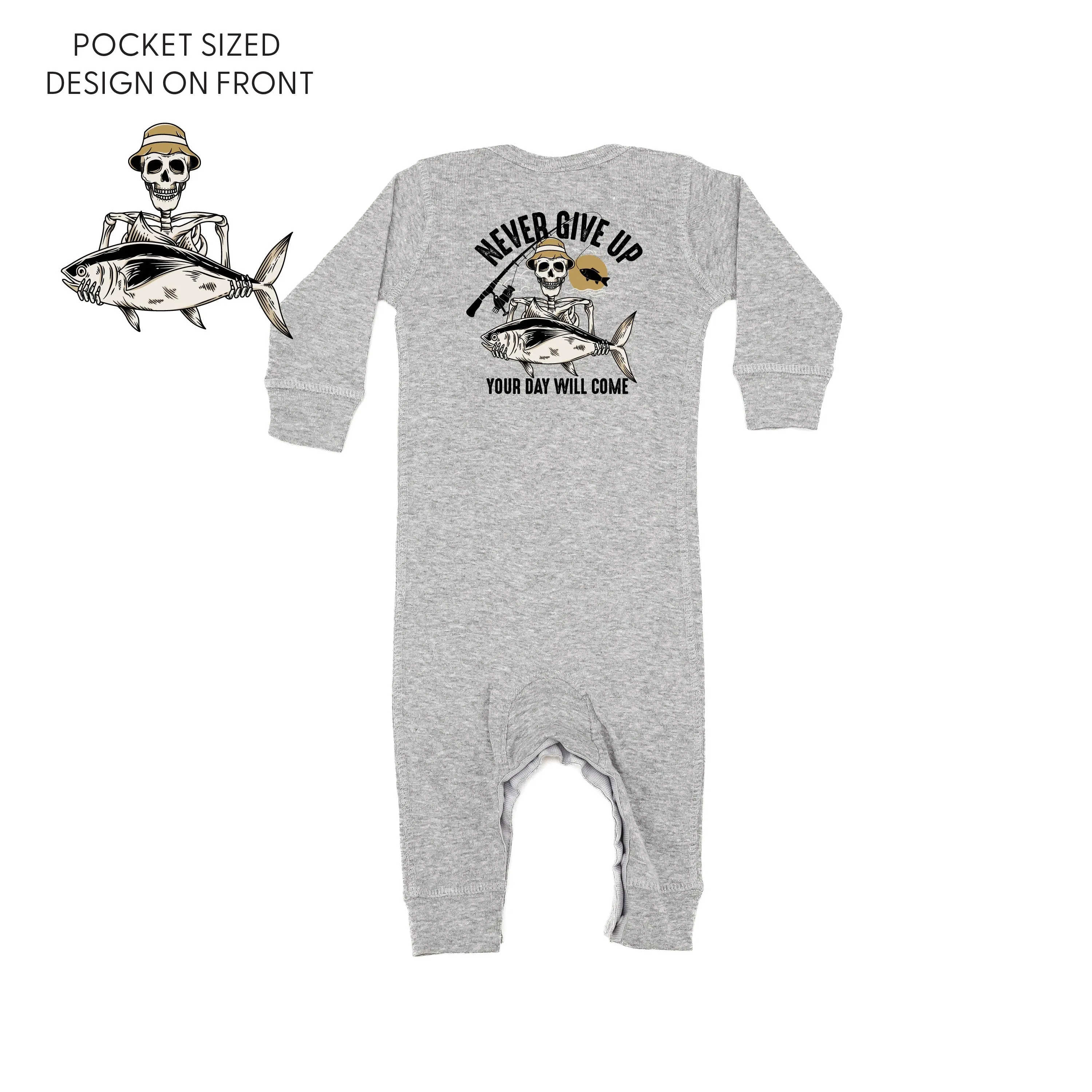 Fishing Skelly Pocket Design on Front w/ Never Give Up on Back - One Piece Baby Sleeper