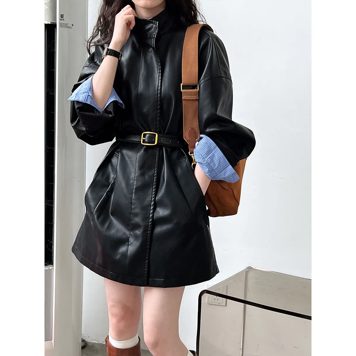 Flytonn-Fall Outfits Women Outwear Streetwear  birkenstock clogs outfit fall 2024 Autumn Minimalist French Neutral Cool Black Profile Stand Collar Mid-Length PU Leather Coat