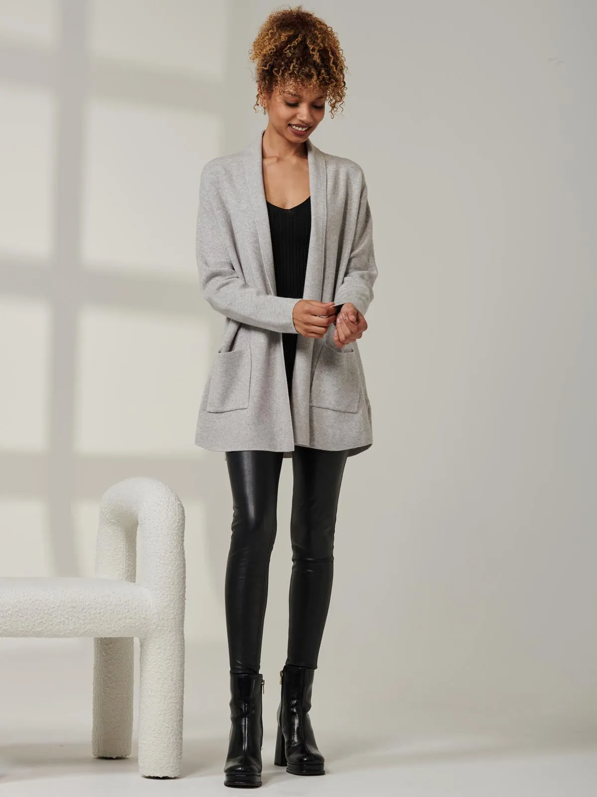 Folded Collar Fine Knit Cardigan, Dove Heather