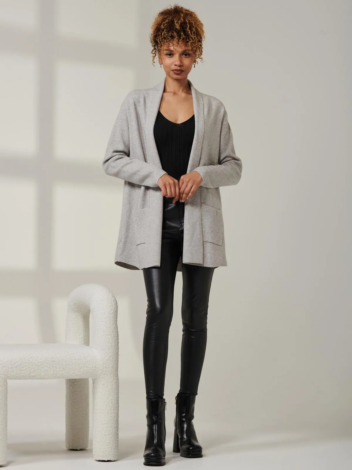 Folded Collar Fine Knit Cardigan, Dove Heather