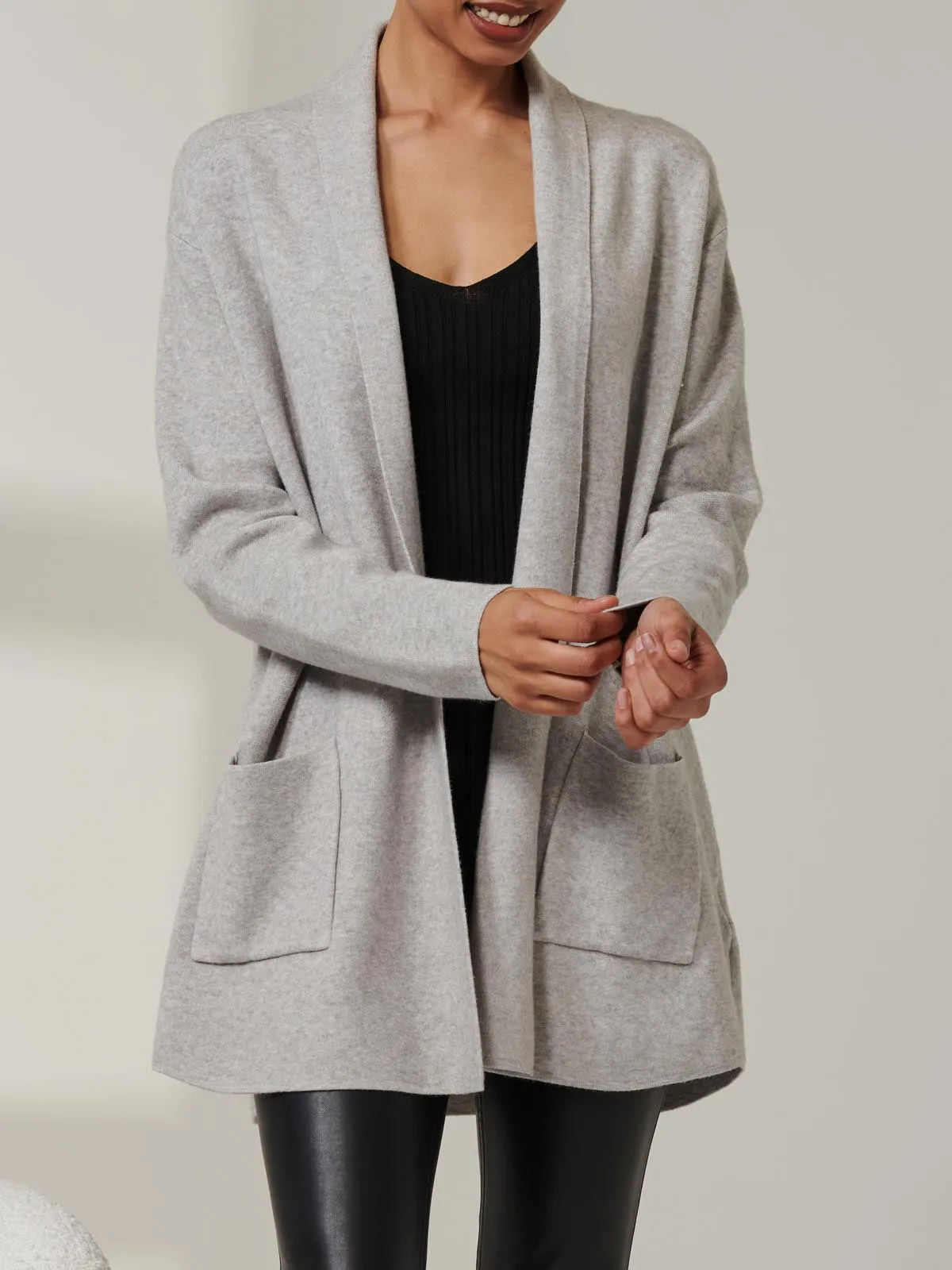 Folded Collar Fine Knit Cardigan, Dove Heather