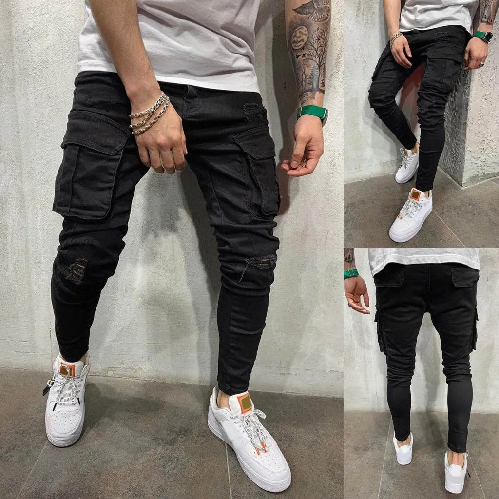 Funki Buys | Pants | Men's Stretch Slim Fit Cargo Skinny Jeans