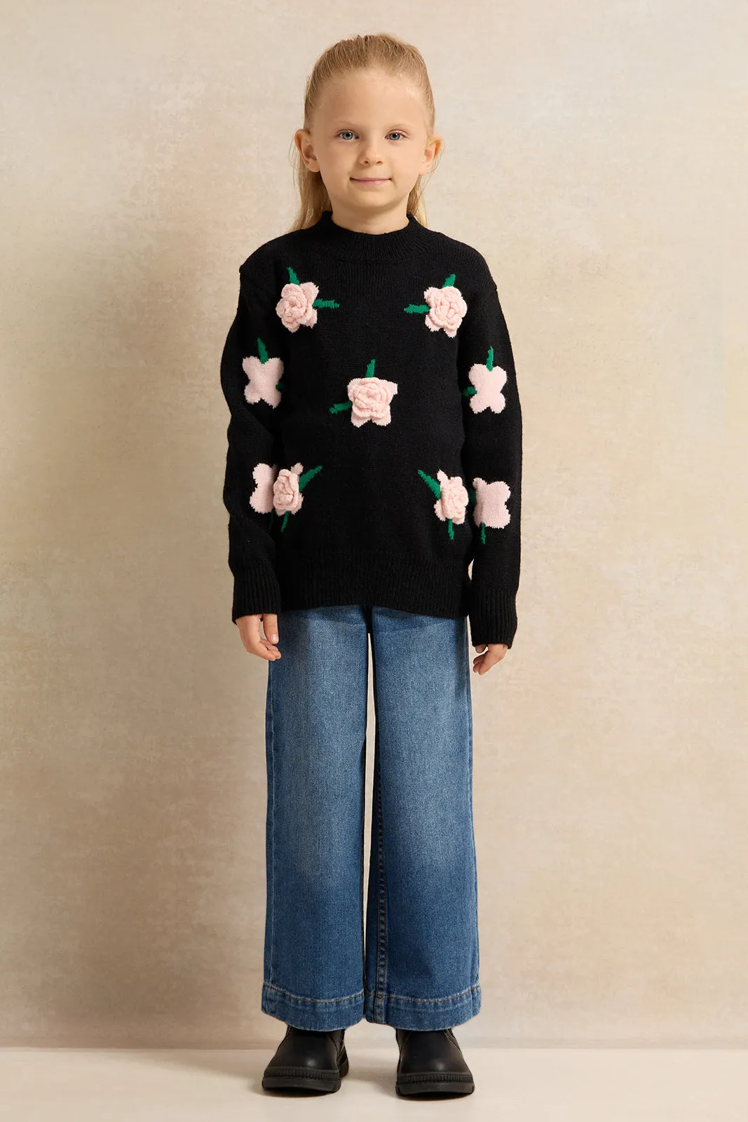 Girls Black 3D Flower Pullover