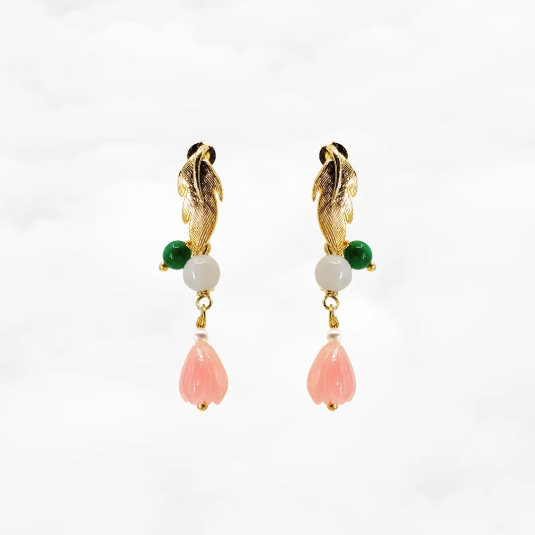 Gold Flower and Jade Earrings