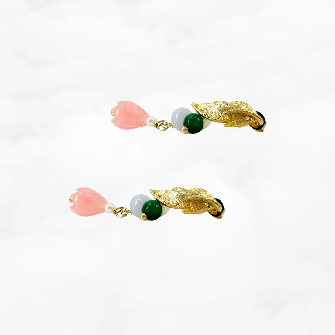 Gold Flower and Jade Earrings