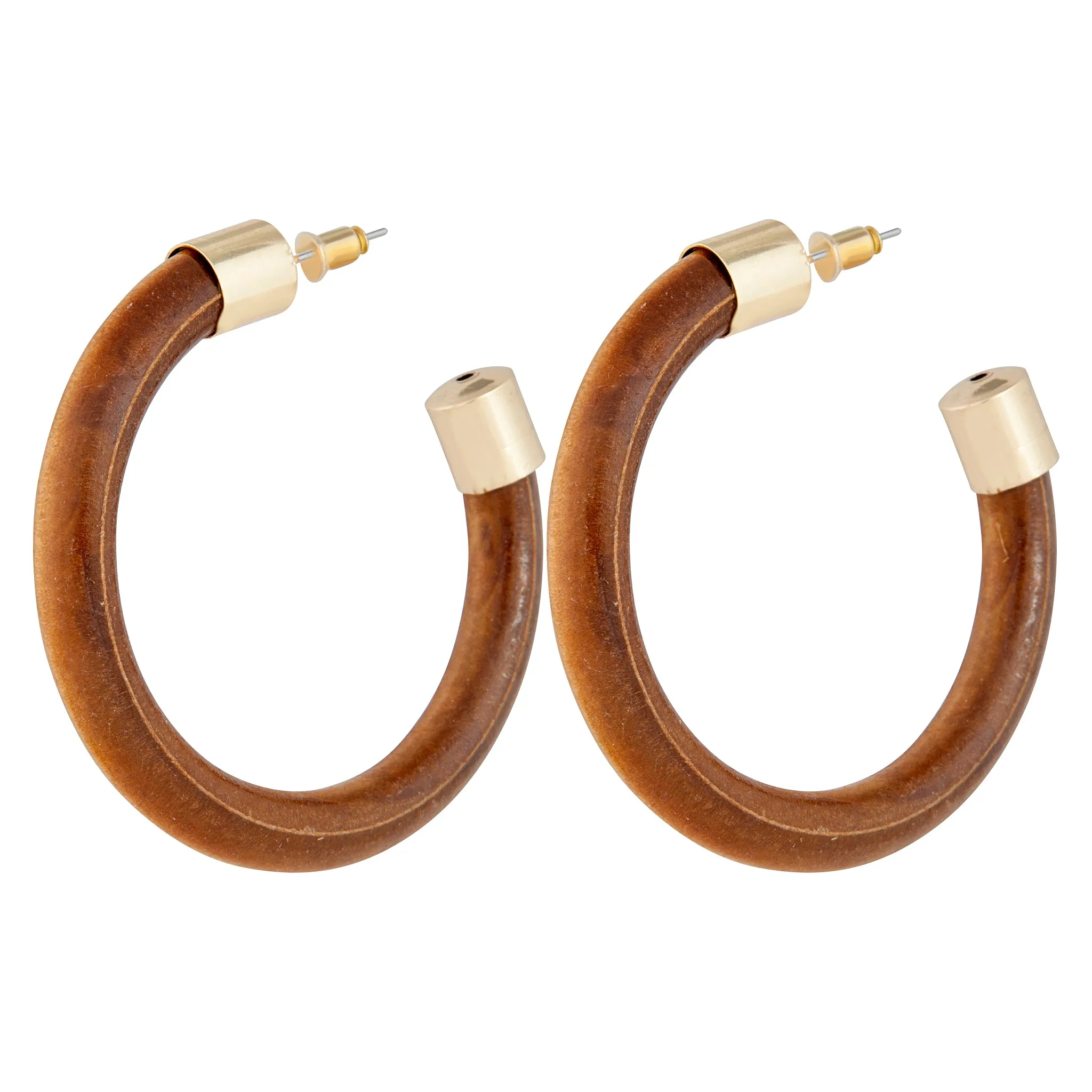 Gold Metal Cap Wooden Hoop Earrings