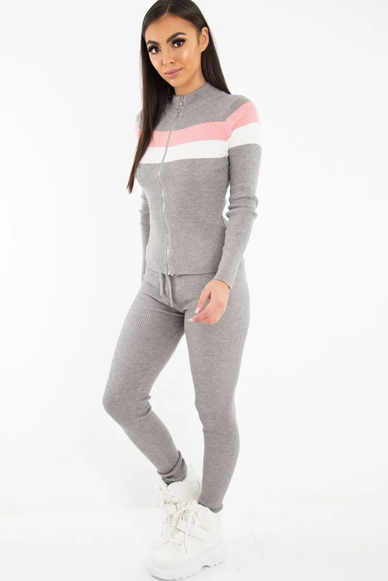 Grey Rib Knit Colour Block Loungewear Set - Jaysie