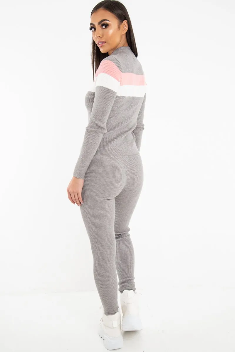 Grey Rib Knit Colour Block Loungewear Set - Jaysie