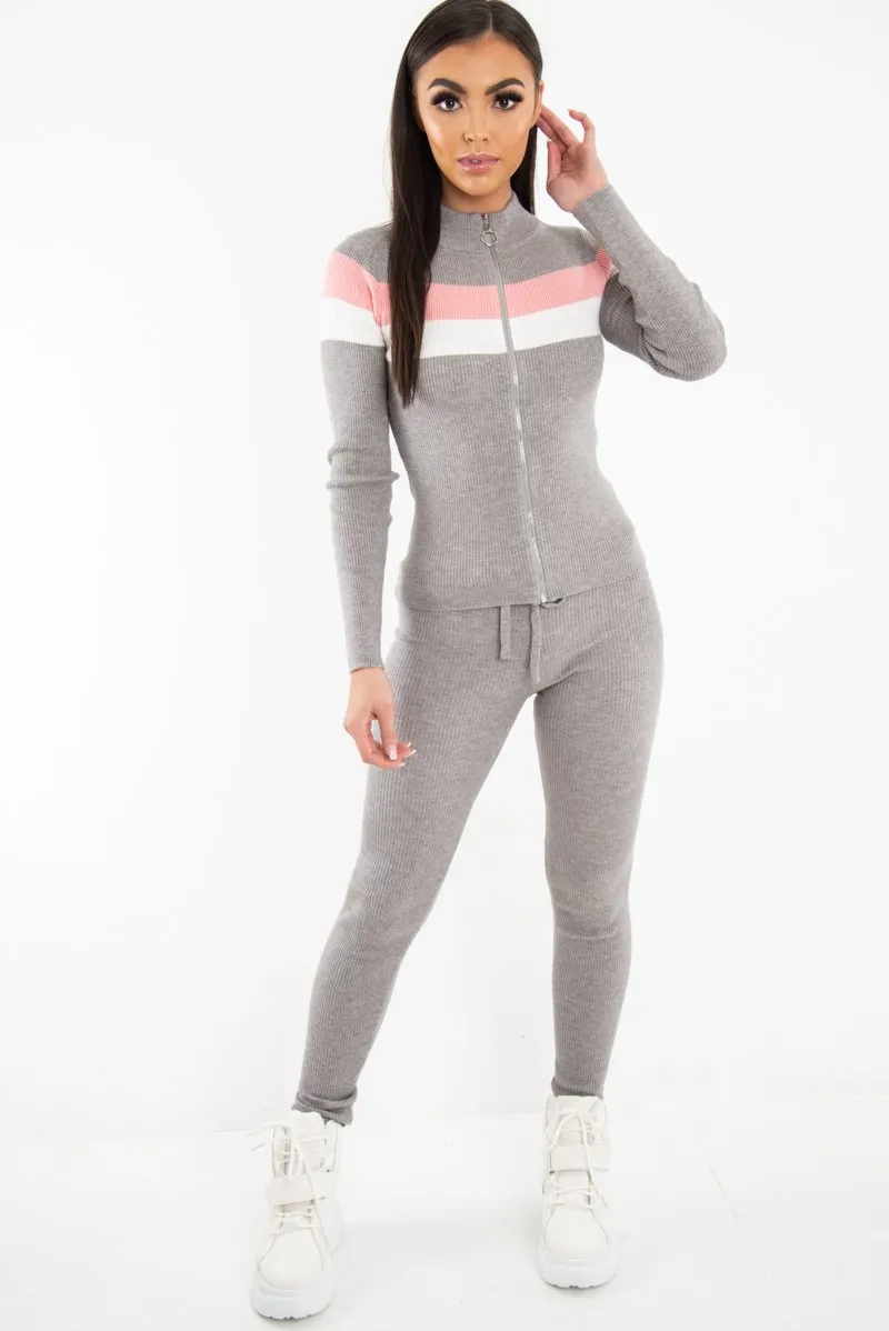 Grey Rib Knit Colour Block Loungewear Set - Jaysie