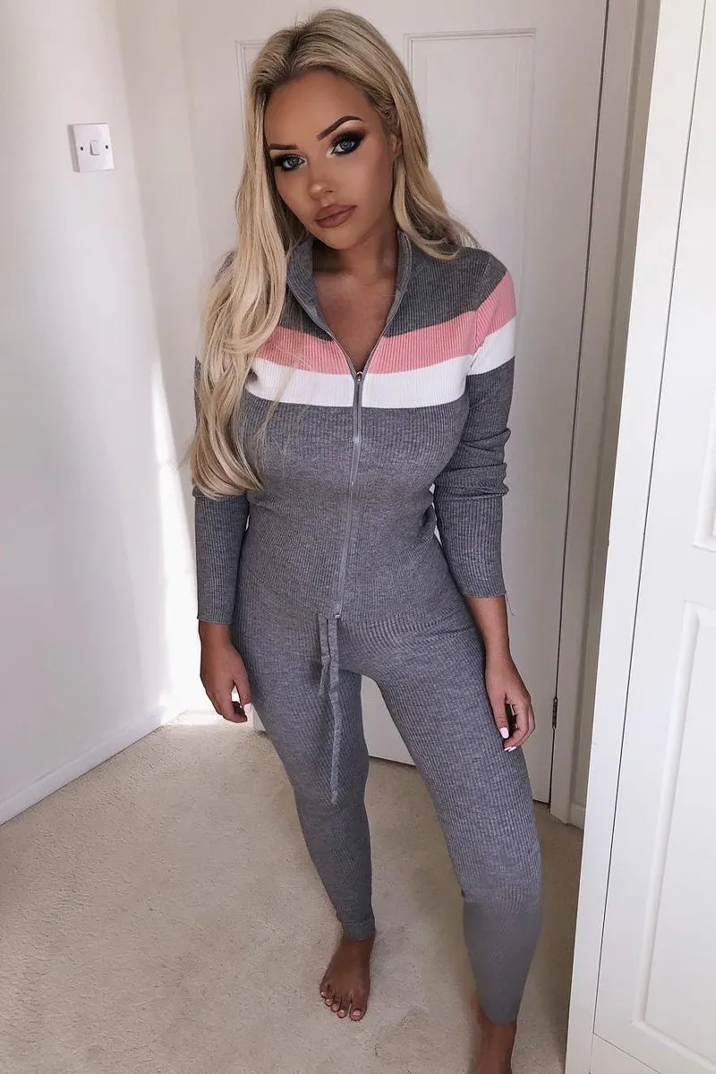 Grey Rib Knit Colour Block Loungewear Set - Jaysie